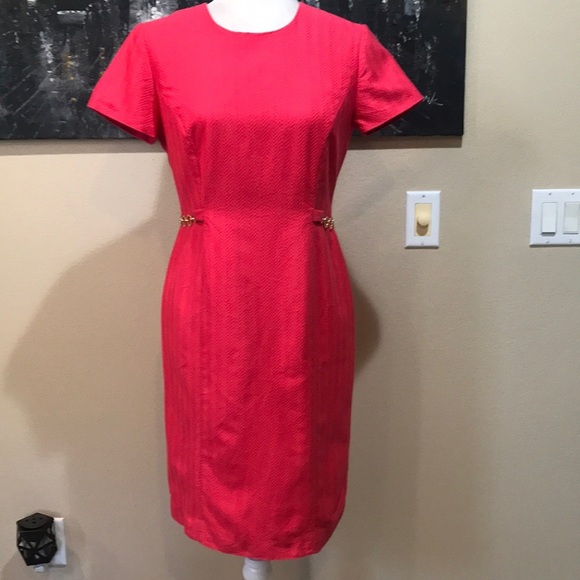 Talbots Pink Jacquard Sheath Cotton/Silk Dress with Gold Metal Accents Waist-4 - Picture 1 of 11